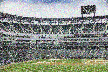 Pointillist abstract of open-air baseball stadium at night, for themes of sports, competition, fandom
