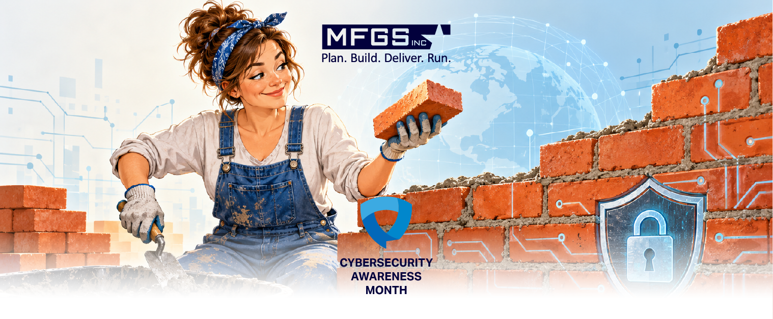 Illustration of a woman in overalls mixing mortar and building a brick wall as a playful representation of a cybersecurity firewall.